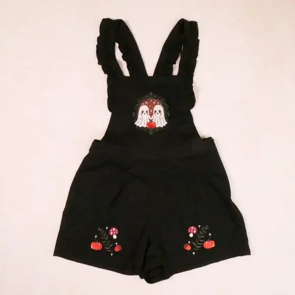 Hot Topic Black Embroidered Ghost Pinafore Romper Size M Pumpkins Whimsygoth - Picture 1 of 8